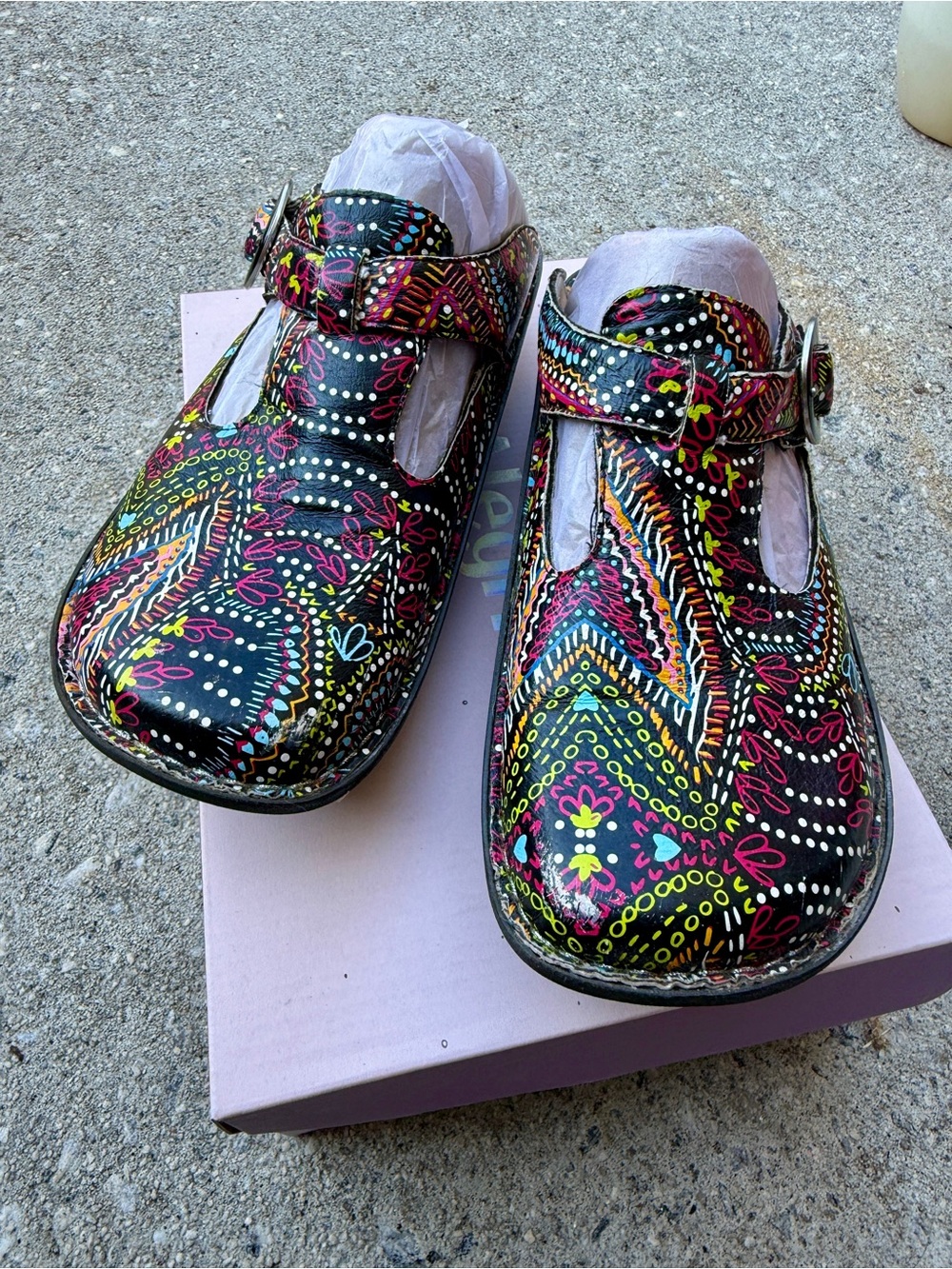 Alegria Black Multi Floral-Print Mary Jane Clogs